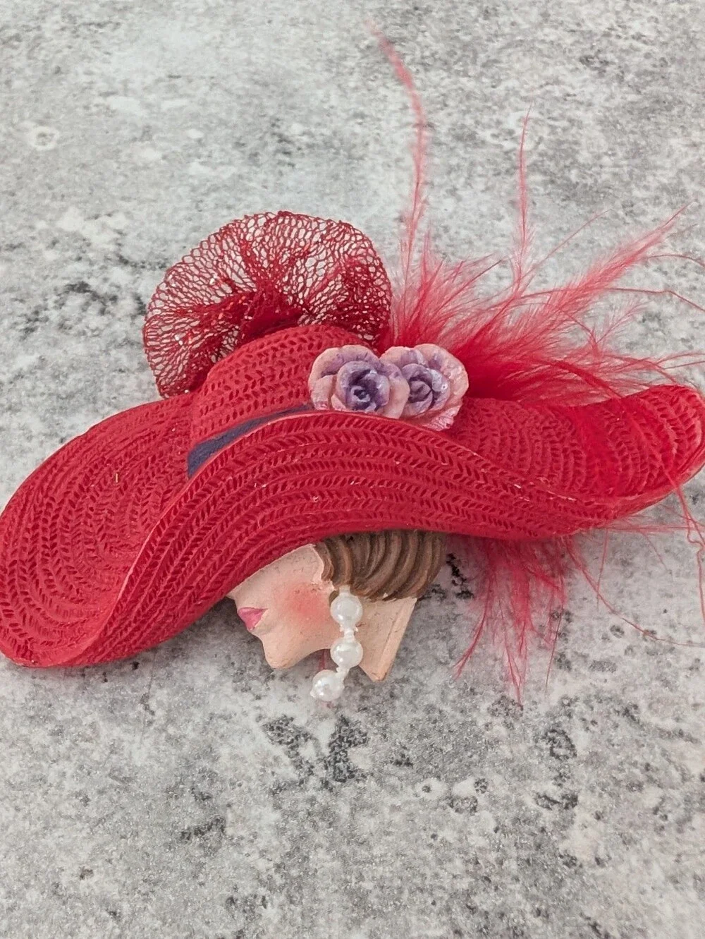 Red Decorative Ladies Hat Brooch with Purple Flower Accents